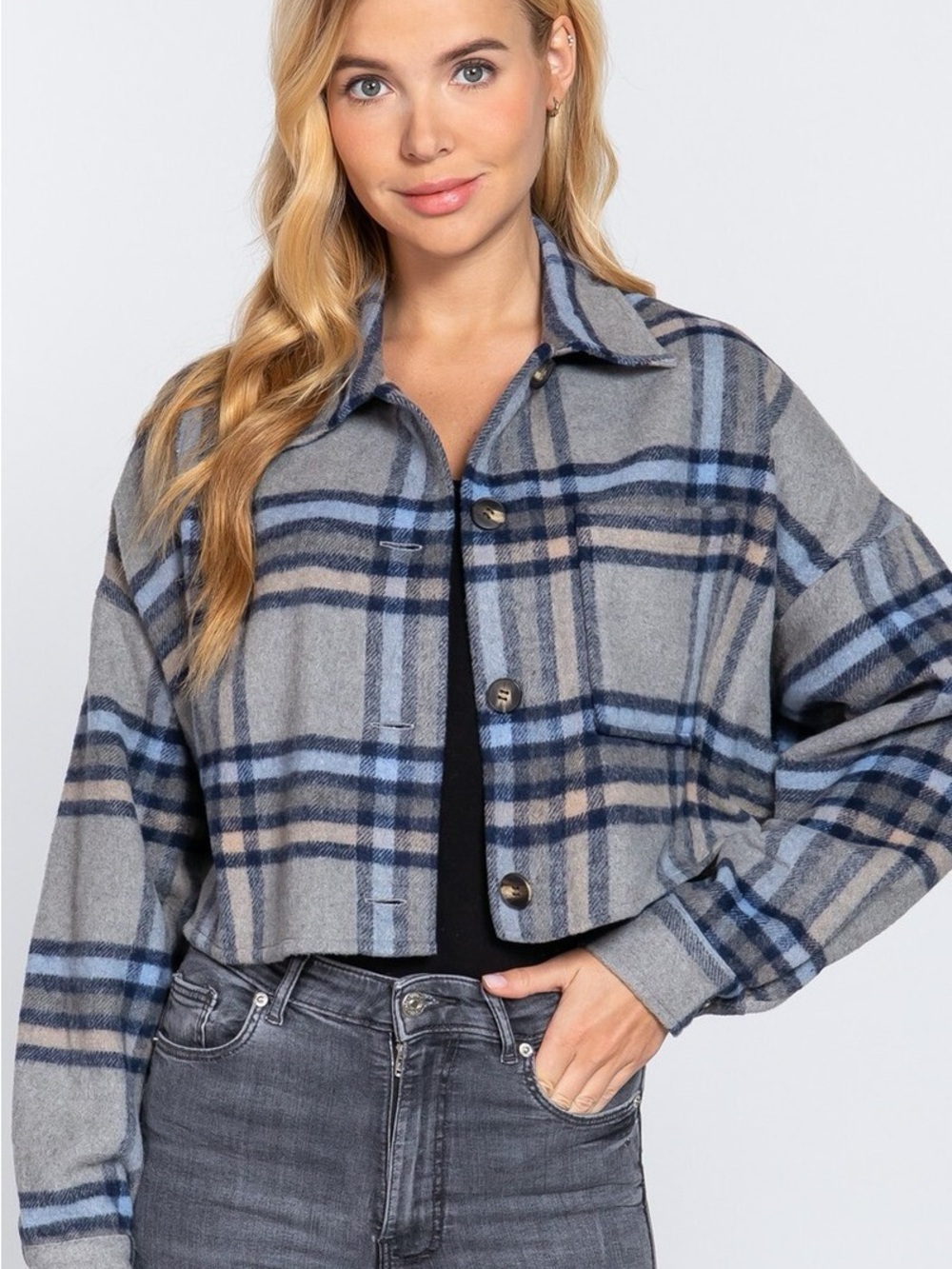 Active USA Gray and Blue Plaid Cropped wool blend Shacket